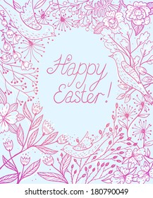 vector floral background with spring flowers and flying birds
