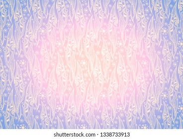 Vector floral background of stylized leaves pattern in Damascus style. Floral, organic vintage with gradient in spring soft pink and purple colors