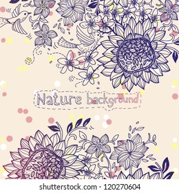 vector floral background with sunflowers and flying birds