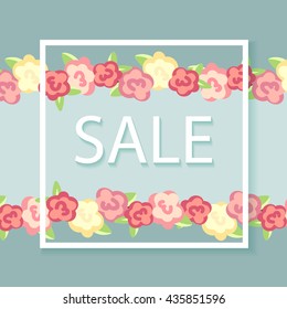 Vector floral background with text "sale", flowers, leaves. square frame. shabby chic romantic style