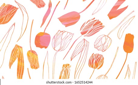 Fondo vectorial floral con flores tulipán y hojas. Tubos de pintura acrílica dibujados a mano texturados en colores pastel sobre fondo separado.