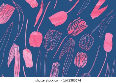 Vector floral background with tulip flowers and leaves. Hand drawn acrylic paint textured tulips in pastel colors on separate background.