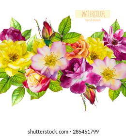 Vector floral background. Watercolor hand-drawn roses and leaves isolated on a white background. 