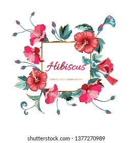 Vector floral background. Wedding card with frame. Flowers botanical drawing in watercolor style. Floral bunch with tropical red hibiscus flowers.