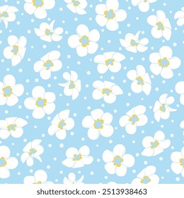 Vector floral background with white flowers on blue. Seamless frangipani pattern