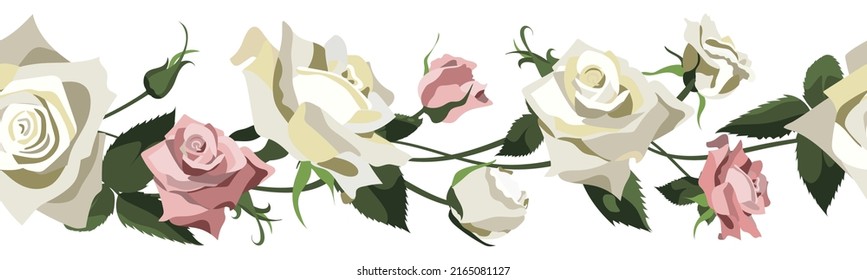 Vector floral background with white and pink roses, buds and leaves. Border design isolated on white background