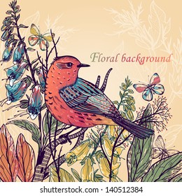 vector floral background with wild plants and a colored bird