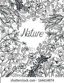 vector floral background with wild plants and blooming flowers