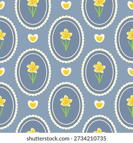 Vector floral background with yellow daffodils in oval frame. Modern delicate spring botanical design for textile, packaging and stationery.