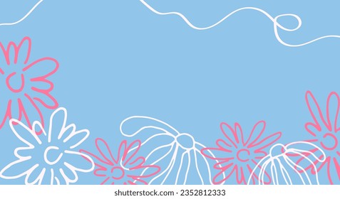Vektorfloraler Hintergrund.Doodle-Stil.Rahmen für Text.handgezeichnet.Cartoon.Print for Textile Design.Paper.Packaging.Wrapper.Summer Spring,Herbst.Verkauf.Rabatte.Daisies.Modern.Line Banner. Blau 