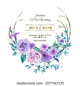 Vector floral background.Wedding card with frame. Flowers botanical drawing in watercolor style. Floral bunch Petunia, peony pink Rose purple, lilac, leaves,greenery.
