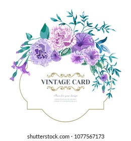 Vector floral background.Wedding card with frame. Flowers botanical drawing in watercolor style. Floral bunch Petunia, peony pink Rose purple, lilac, leaves,greenery.