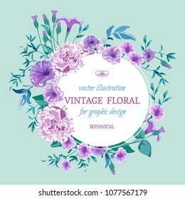 Vector floral background.Wedding card with round frame. Flowers botanical drawing in watercolor style. Floral bunch Petunia, peony pink Rose purple, lilac, leaves,greenery.