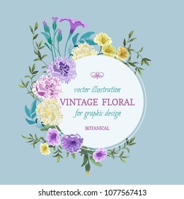 Vector floral background.Wedding card with round frame. Flowers botanical drawing in watercolor style. Floral bunch Petunia, peony pink Rose purple, lilac, leaves,greenery.