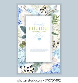 Vector floral banner with blue hydrangea, tulip flowers, conifer branches on white. 