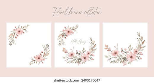 colección de Anuncio floral de Vector. Corona de acuarela rosa pastel para diseño de boda, textil para el hogar. Juego de tarjetas florales. 