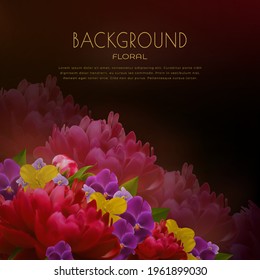 Vector floral banner with dark red peonies and purple violas on bordo background. Luxury design layout for cosmetic, perfume, health products or web presentation. Square card with realistic flowers.