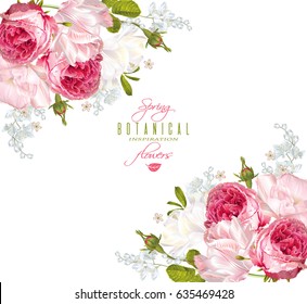 Vector floral banner with garden roses and tulip flowers on white background. Romantic design for natural cosmetics, perfume, women products. Can be used as greeting card or wedding invitation