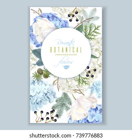 Vector floral banner with hydrangea, tulip flowers, conifer branches on white. Romantic winter design for christmas, new year, wedding. Can be used for greeting card, party invitation, holiday sale