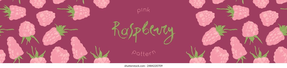Vektorgrafik florale Banner-Vorlage mit abstrakten Himbeeren Handzeichnungen. Rosa Himbeeren Muster nahtlos für Verpackungsdesign oder Schild. Saft- oder Marmeladenetikettendesign. Wilde Beeren Hintergrund.