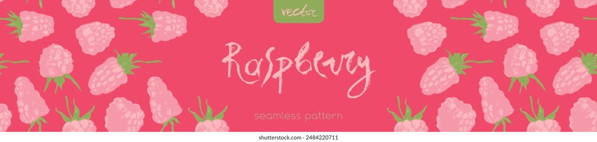 Vector floral banner template with abstract raspberry hand drawn illustrations. Pink raspberries pattern seamless for packaging design or sign. Juice or jam label design. Wild berry background.