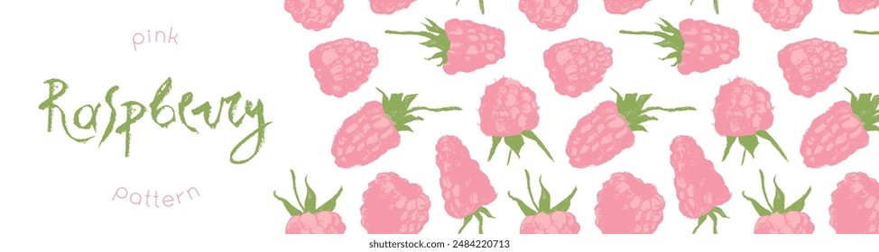 Vector floral banner template with abstract raspberry hand drawn illustrations. Pink raspberries pattern seamless for packaging design or sign. Juice or jam label design. Wild berry background.