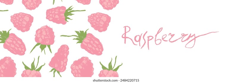 Vector floral banner template with abstract raspberry hand drawn illustrations. Pink raspberries pattern seamless for packaging design or sign. Juice or jam label design. Wild berry background.