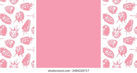 Vector floral banner template with abstract raspberry hand drawn illustrations. Pink raspberries pattern seamless for packaging design or sign. Juice or jam label design. Wild berry background.