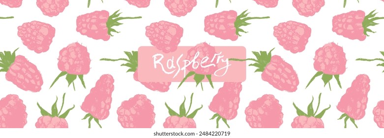 Vector floral banner template with abstract raspberry hand drawn illustrations. Pink raspberries pattern seamless for packaging design or sign. Juice or jam label design. Wild berry background.