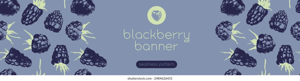 Vector floral banner template with abstract blackberry hand drawn illustrations. Black raspberries pattern seamless for packaging. Juice or jam label design. Black berry background.