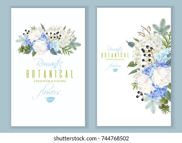 Vector floral banners with blue hydrangea, tulip flowers, conifer branches on white. Romantic winter design for christmas, new year. Can be used for greeting card, party invitation, holiday sale