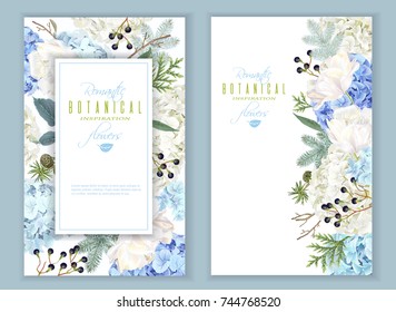 Vector floral banners with blue hydrangea, tulip flowers, conifer branches on white. Romantic winter design for christmas, new year. Can be used for greeting card, party invitation, holiday sale