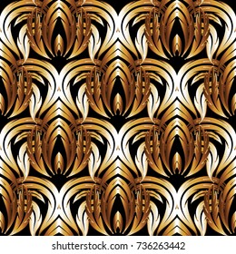 Vector floral Baroque seamless pattern. Black background wallpaper illustration with vintage gold 3d flowers, scroll leaves and antique Baroque damask ornaments. Surface abstract fabric texture