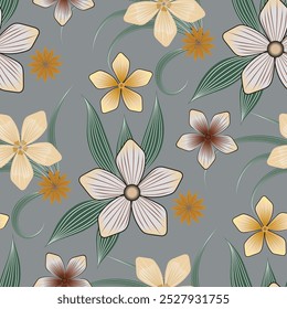 Patrón hermoso floral del Vector en el fondo gris, flores coloridas dibujadas a mano y hojas verdes con las venas ligeras para el diseño de la tela, papel, funda de almohada, mantel