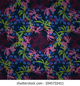 Vector floral beige, black and blue pattern. Seamless cute mille-fleurs texture for fabric, wrapping, printing, textile.