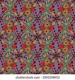 Vector floral beige, red and orange pattern. Seamless cute mille-fleurs texture for fabric, wrapping, printing, textile.