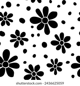 Vector floral black daisies seamless pattern in flat style. Cute background, texture for wrapping paper, fabric, holidays or kids design. Topic of blooming nature, summer