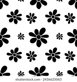 Vector floral black daisies seamless pattern in flat style. Cute background, texture for wrapping paper, fabric, holidays or kids design. Topic of blooming nature, summer