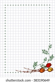 Vector floral blank for letter or greeting card. Checkered paper, white squared form with hand drawn roses, leaves. Imitation of inc drawing.A4 format size. Series of Cards, Blanks and Forms.