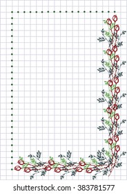 Vector floral blank for letter or greeting card. Checkered paper, white squared form with hand drawn roses and leaves. Imitation of inc drawing.A4 format size. Series of Cards, Blanks and Forms.