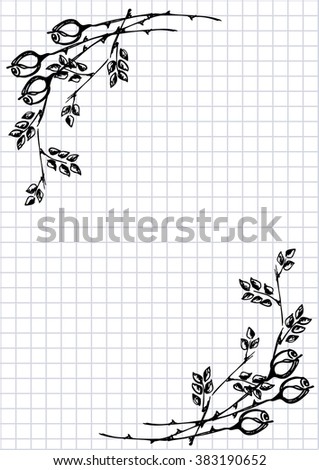 Vector floral blank for letter or greeting card. Checkered paper, white squared form with black hand drawn roses and leaves. Imitation of inc drawing.A4 format size. Series of Cards, Blanks and Forms.