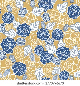 Vector floral blue gold seamless repeat background pattern. Can be used for many projects such as in textile and interior design. 