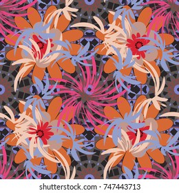 Vector floral blue, gray and orange pattern. Seamless cute mille-fleurs texture for fabric, wrapping, printing, textile.