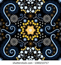 Vector floral blue, neutral and black pattern. Seamless cute mille-fleurs texture for fabric, wrapping, printing, textile.