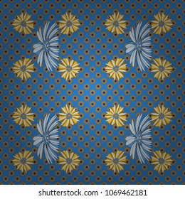 Vector floral blue, yellow and gray pattern. Seamless cute mille-fleurs texture for fabric, wrapping, printing, textile.