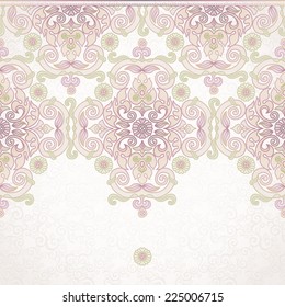 Vector floral border in Eastern style. Ornate element for design and place for text. Ornamental lace pattern for wedding invitations and greeting cards. Traditional pastel decor on light background.