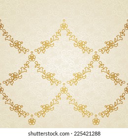 Vector floral border in Eastern style. Ornate element for design and place for text. Ornamental lace pattern for wedding invitations and greeting cards. Traditional gold decor on light background.