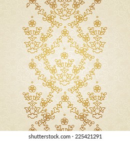Vector floral border in Eastern style. Ornate element for design and place for text. Ornamental lace pattern for wedding invitations and greeting cards. Traditional gold decor on light background.