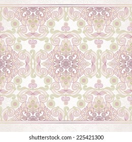 Vector floral border in Eastern style. Ornate element for design and place for text. Ornamental lace pattern for wedding invitations and greeting cards. Traditional pastel decor on light background.