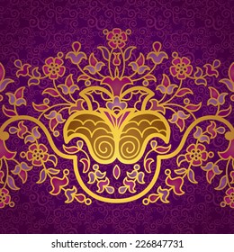 Vector floral border in Eastern style. Ornate element for design and place for text. Ornamental vintage pattern for wedding invitations and greeting cards. Traditional gold decor on purple background.